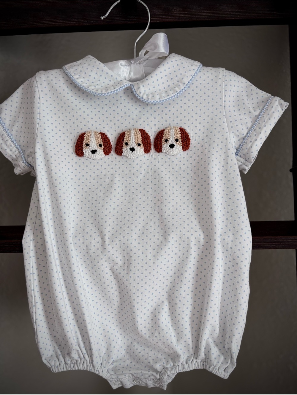 Classic White Dot Puppy Embroidered Baby Romper